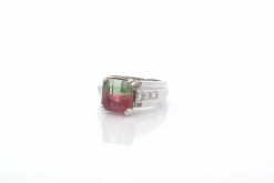 Bague tourmaline bicolore et diamants en platine