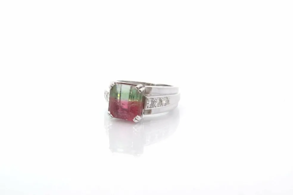 Bague tourmaline bicolore et diamants en platine