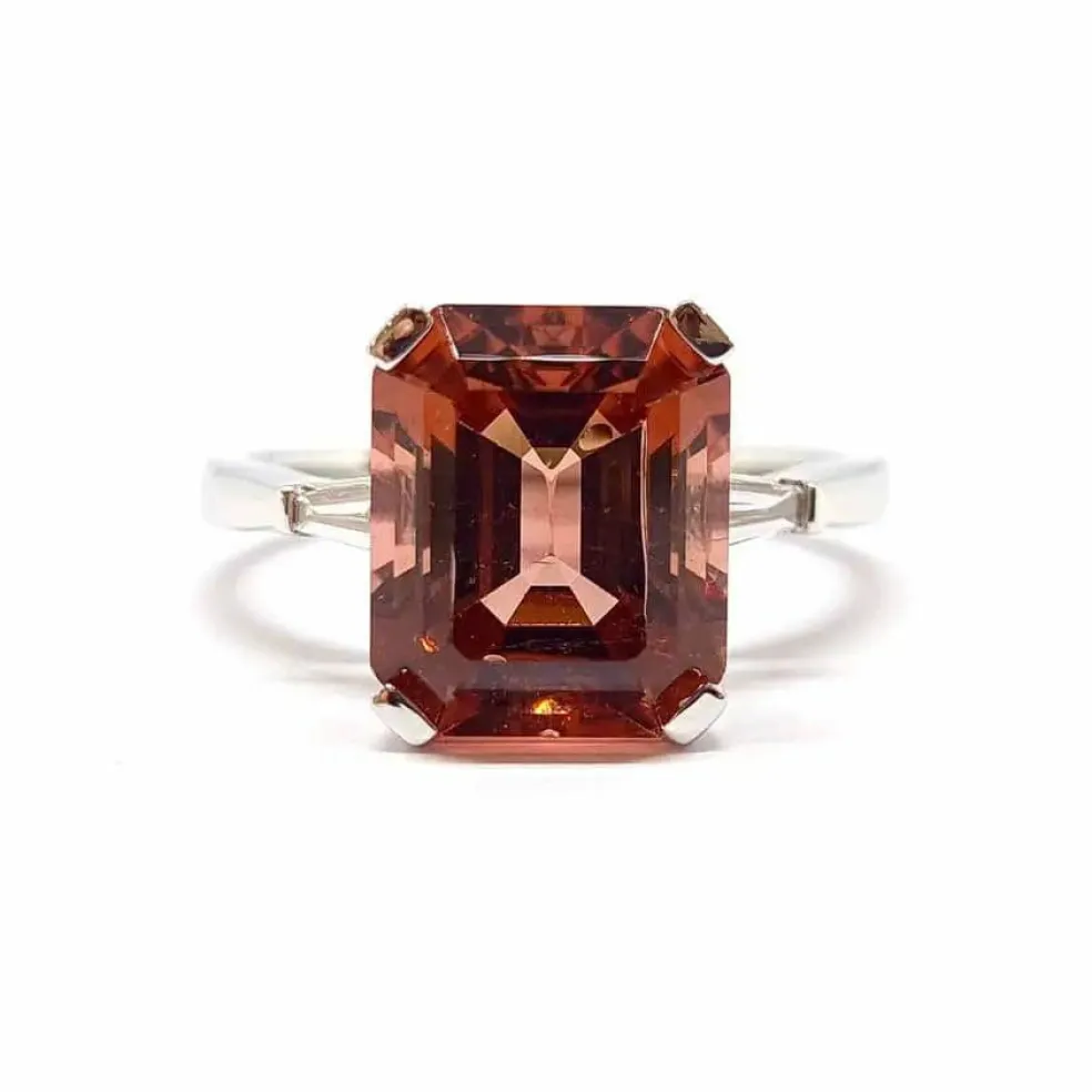 Bague tourmaline rose orange diamants or blanc
