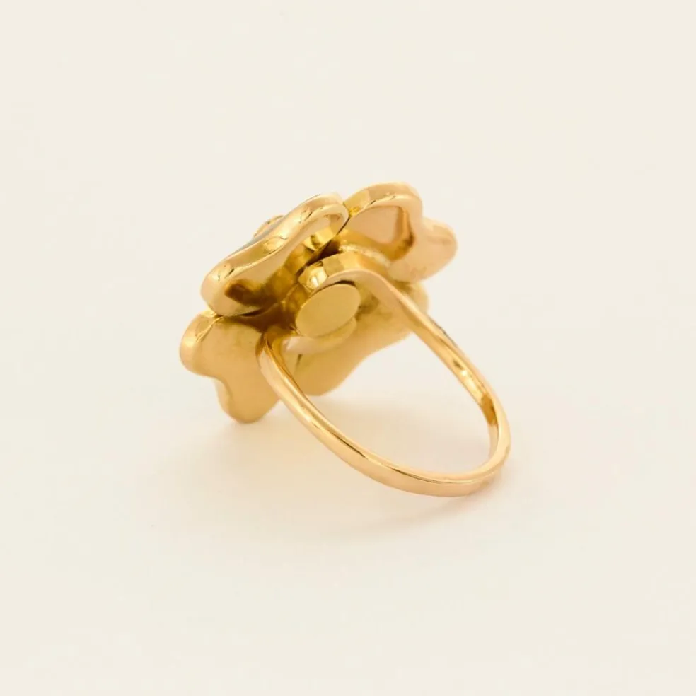 Bague trèfle en or jaune avec nacre, diamants et émeraudes