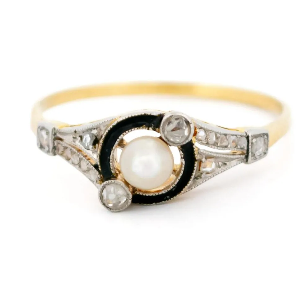 Bague Trilogie Diamant Émail Perle Or Jaune Platine