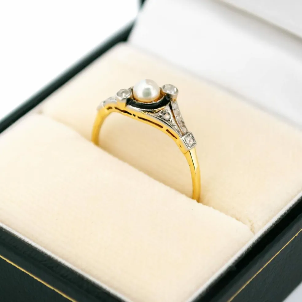 Bague Trilogie Diamant Émail Perle Or Jaune Platine