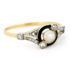 Bague Trilogie Diamant Émail Perle Or Jaune Platine