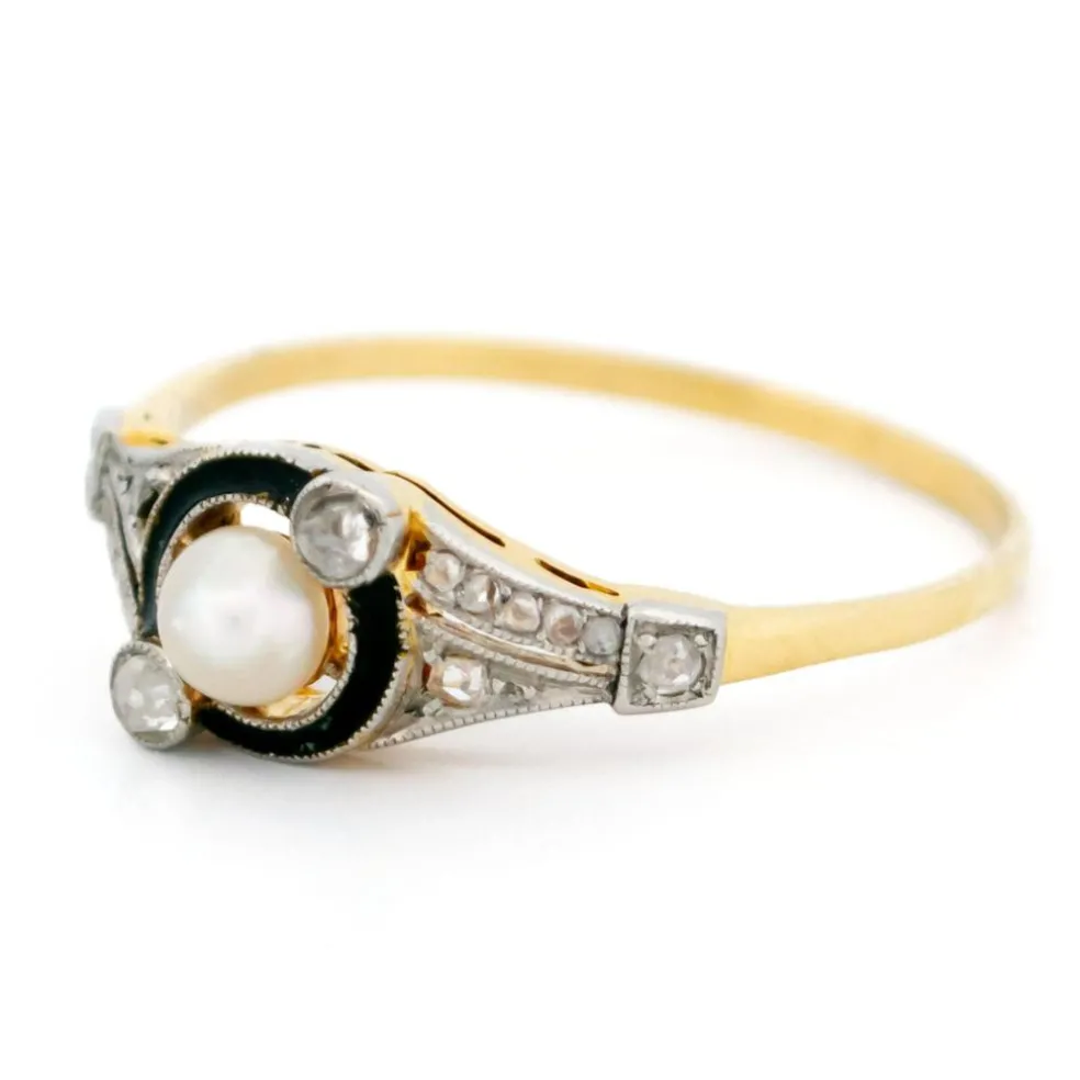 Bague Trilogie Diamant Émail Perle Or Jaune Platine