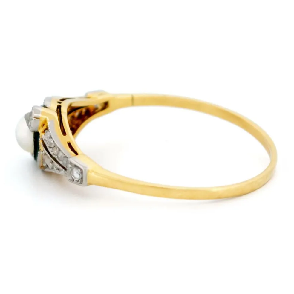 Bague Trilogie Diamant Émail Perle Or Jaune Platine