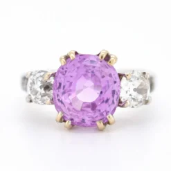 Bague Trilogie en Or 18 Carats, Saphir Ceylan Rose 5 Carats et Diamants