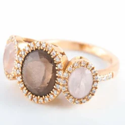 Bague trilogie quartz fumé et pavage diamants