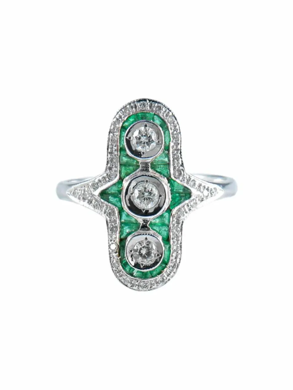 Bague triple diamants émeraude or blanc