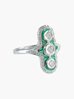 Bague triple diamants émeraude or blanc