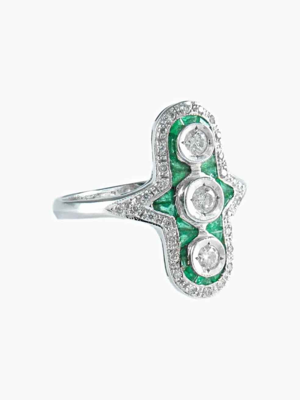 Bague triple diamants émeraude or blanc