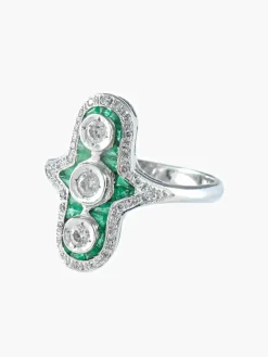 Bague triple diamants émeraude or blanc