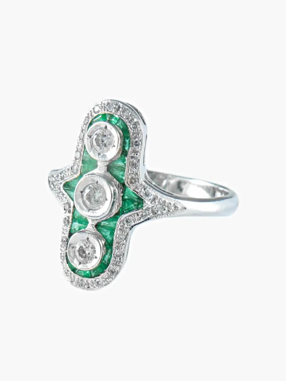 Bague triple diamants émeraude or blanc
