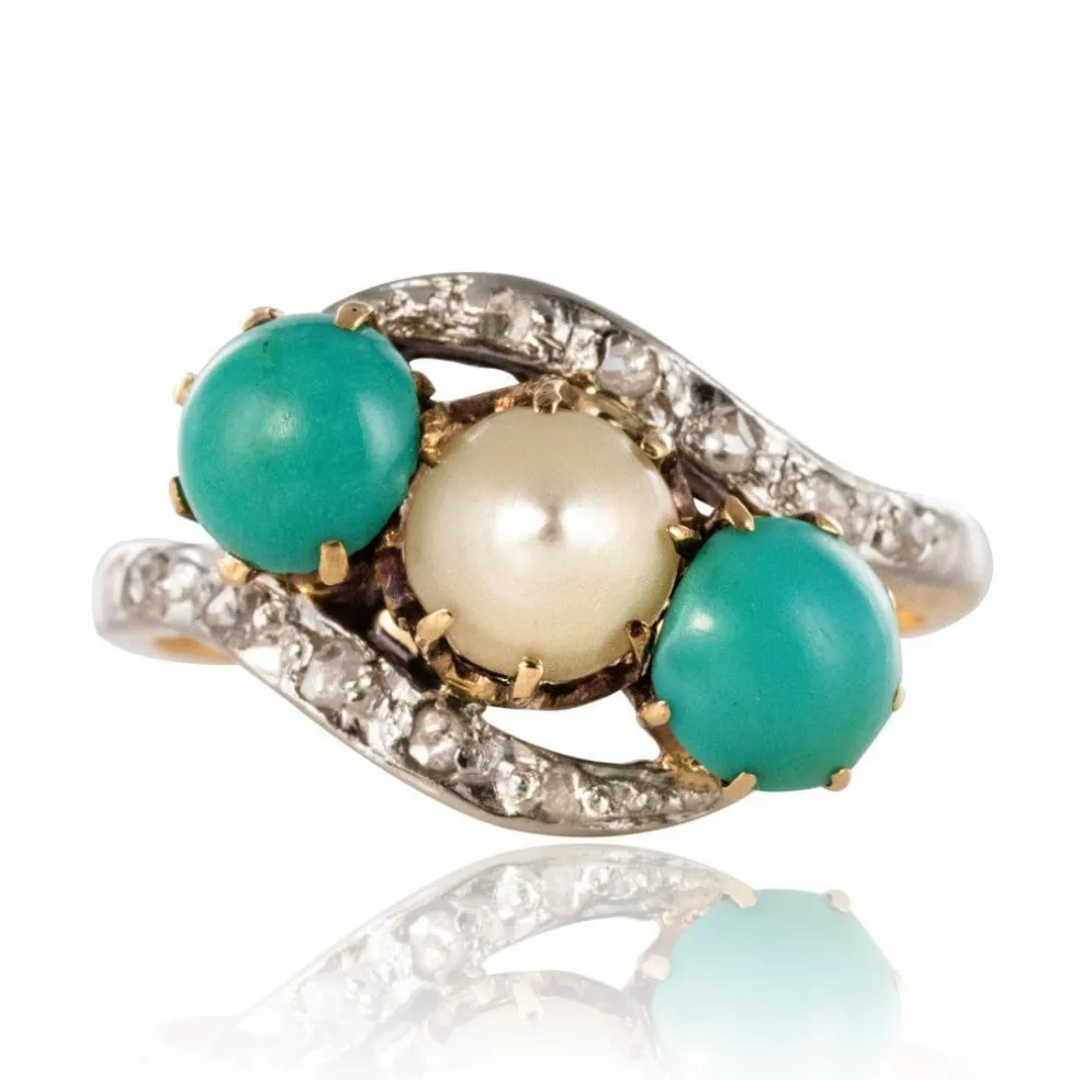 Bague turquoises, perle fine et diamants