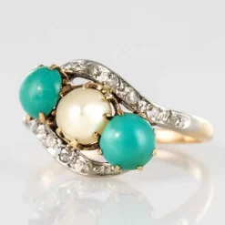 Bague turquoises, perle fine et diamants