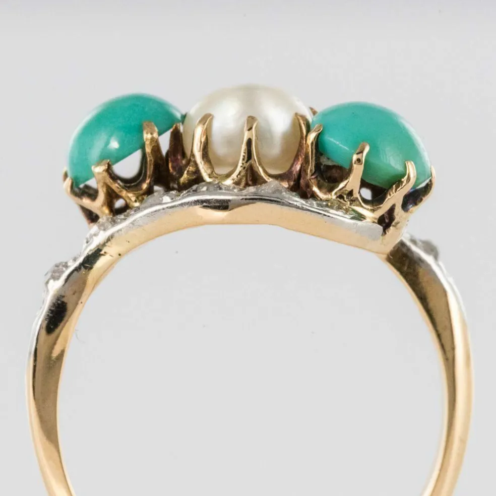 Bague turquoises, perle fine et diamants