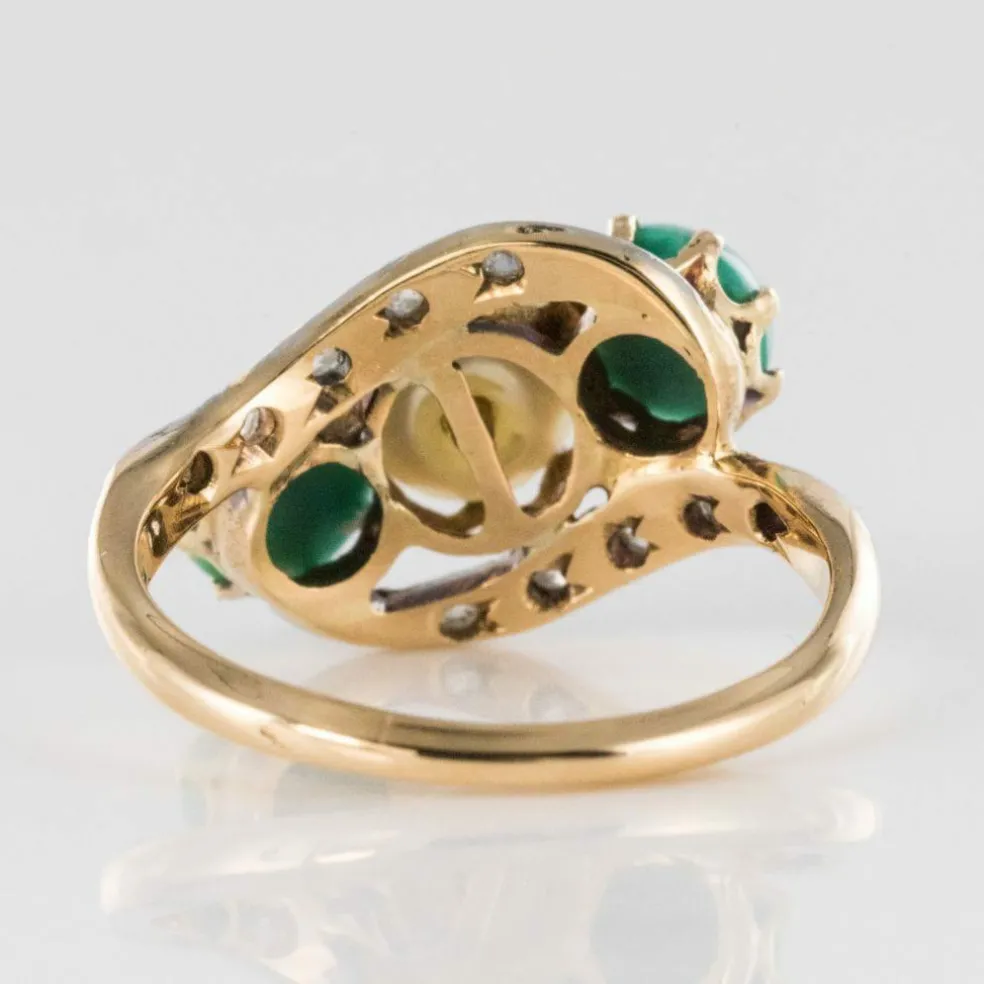 Bague turquoises, perle fine et diamants