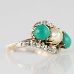 Bague turquoises, perle fine et diamants