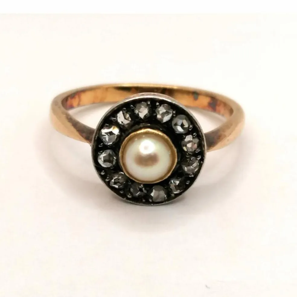 Bague Victorienne 2 ors, diamants, perles