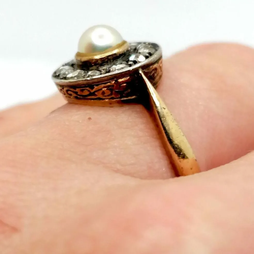 Bague Victorienne 2 ors, diamants, perles