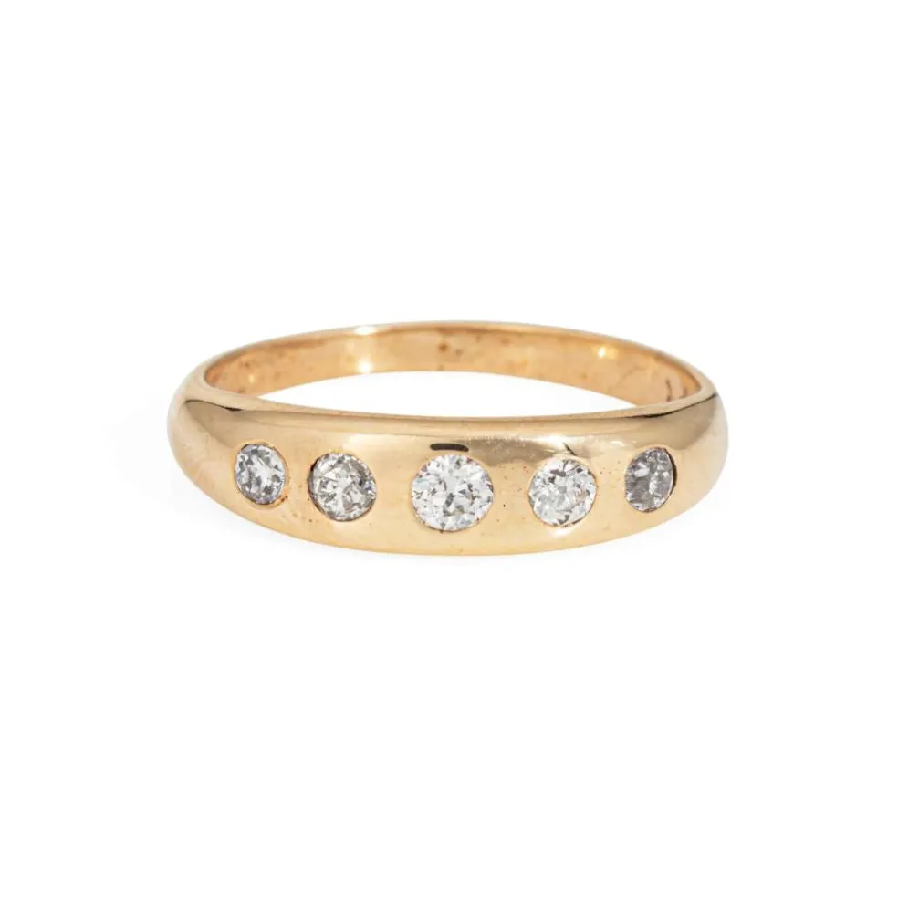 Bague victorienne antique à 5 diamants, bande en or jaune 14 carats, taille ancienne