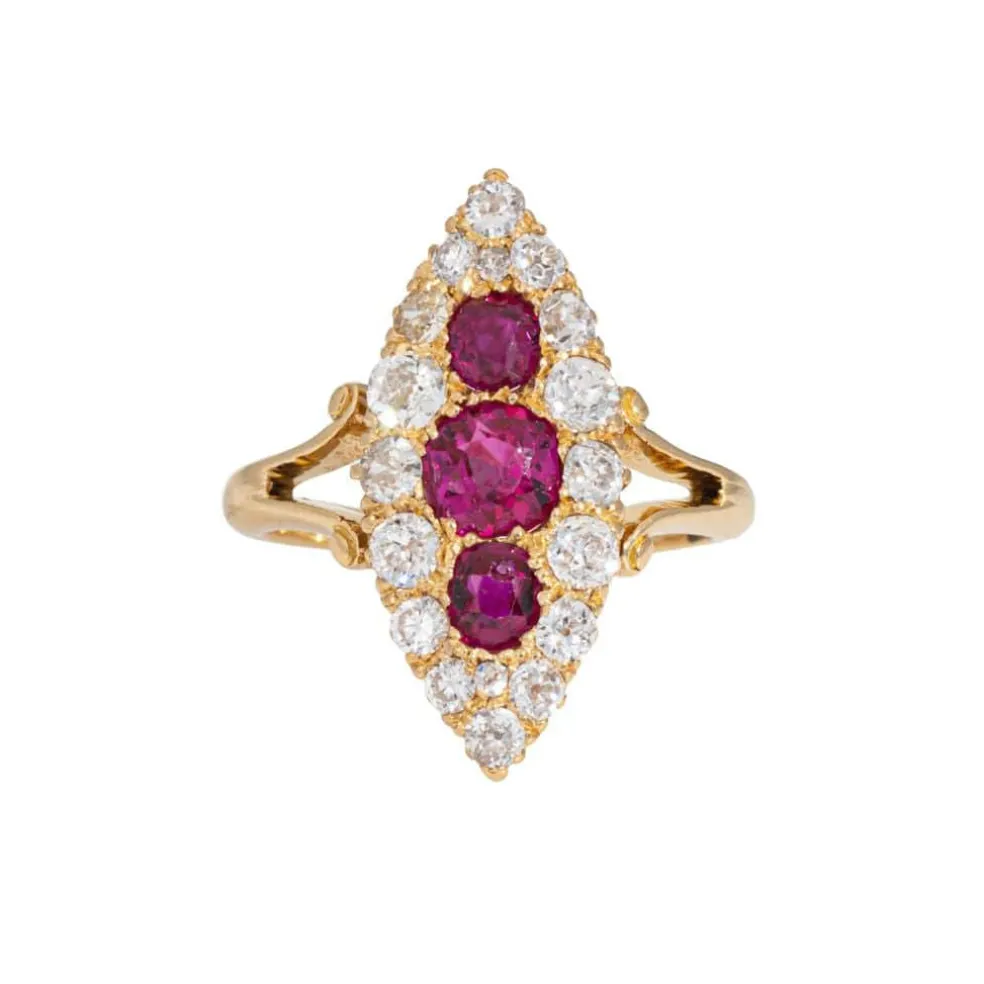 Bague victorienne en or jaune, diamant et rubis de Birmanie