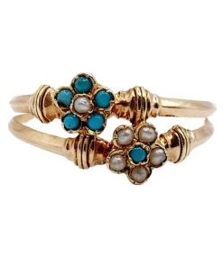 Bague victorienne or rose formant des marguerites ornées de perles et de turquoises