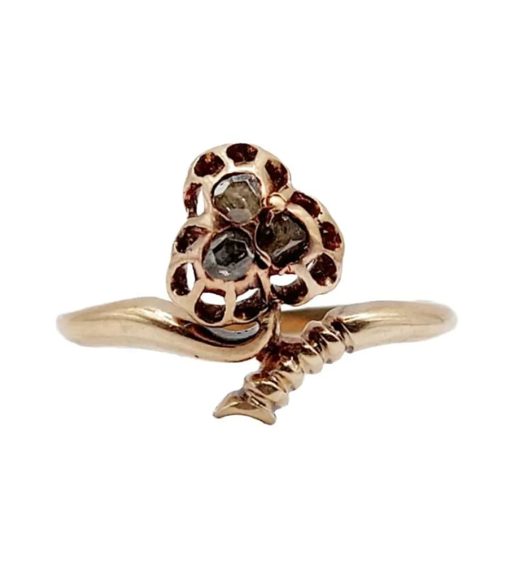 Bague victorienne or rose 18k trèfle orné de diamants taille roses (circa 1900) antique