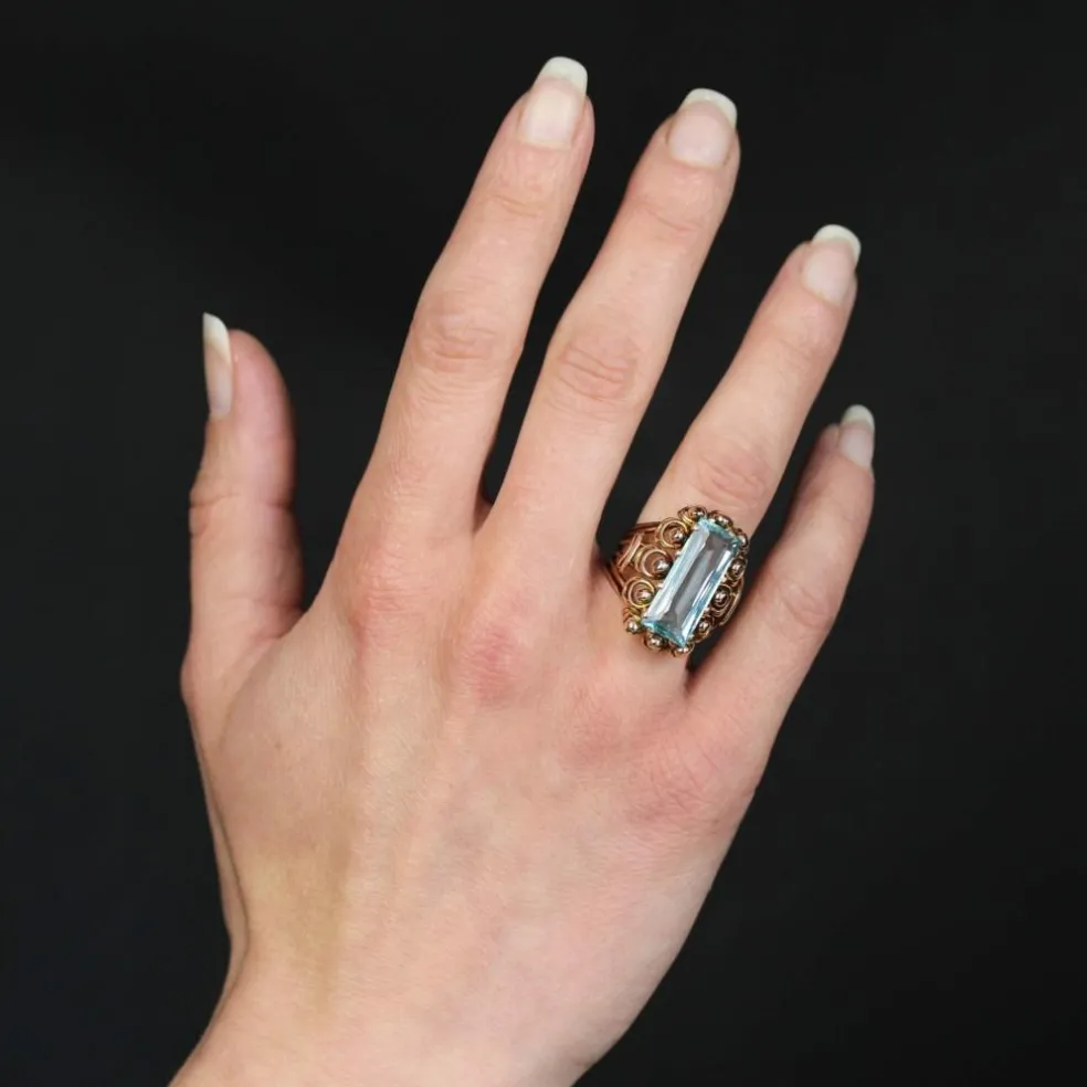 Bague vintage aigue-marine et or rose