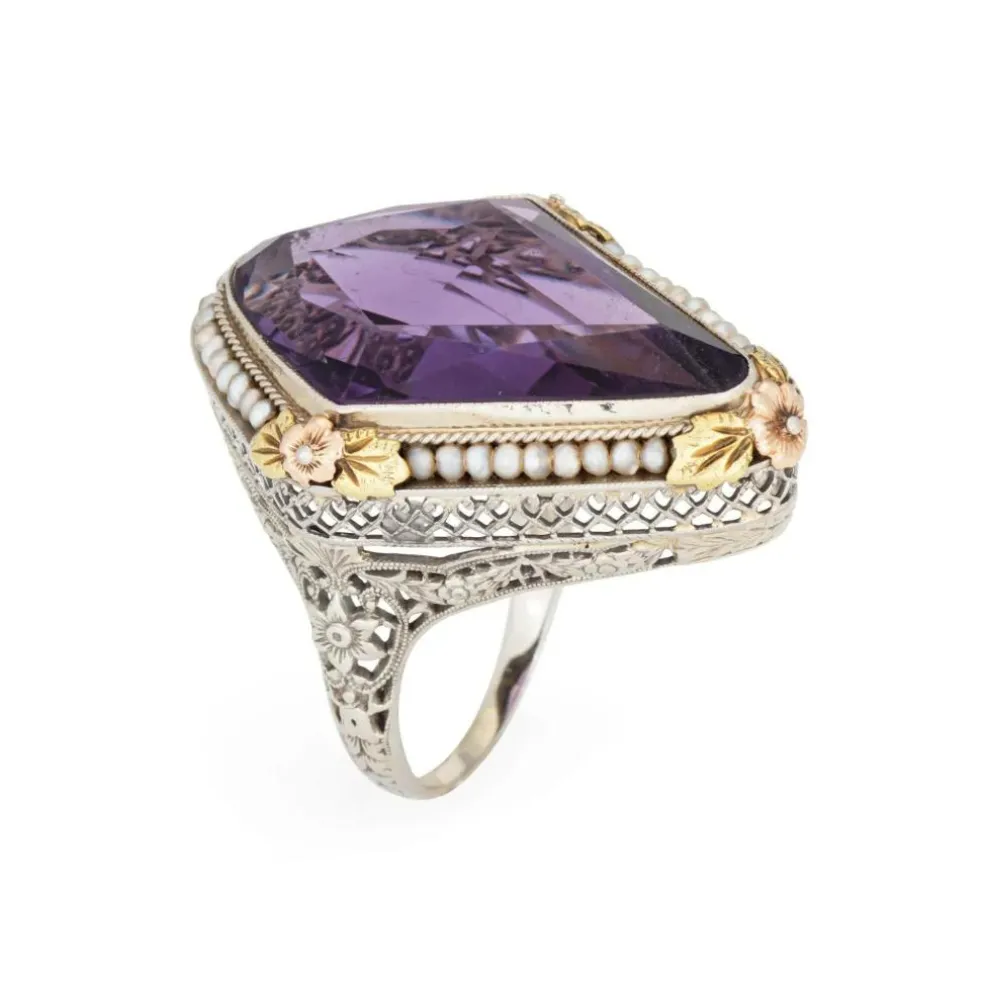Bague vintage art déco améthyste perle filigrane or blanc