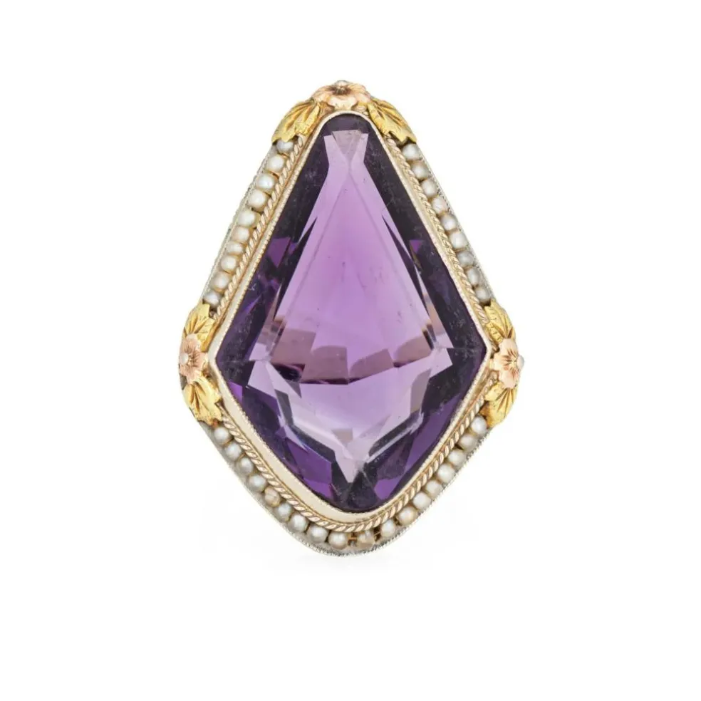 Bague vintage art déco améthyste perle filigrane or blanc