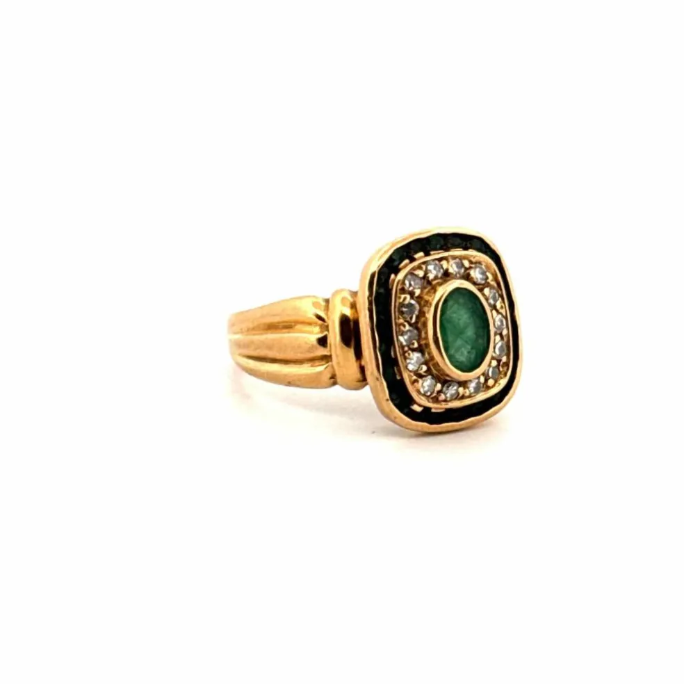 Bague Vintage Art Déco or jaune diamants émeraudes