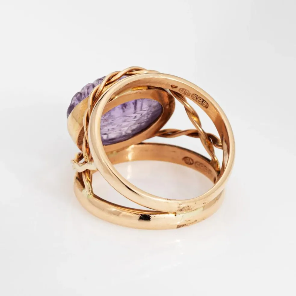 bague vintage en améthyste sculptée finlandaise en or jaune