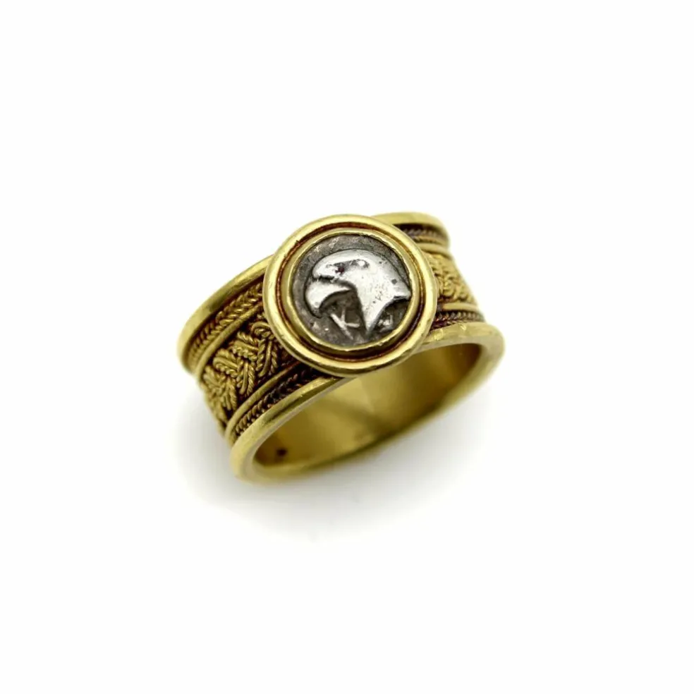 Bague vintage en fil de fer doré 22 carats avec pièce d'aigle en argent antique