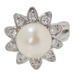 Bague vintage en or blanc, perle de culture et diamants