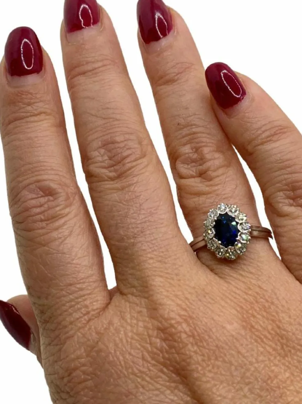 Bague vintage en or blanc, saphir et diamants