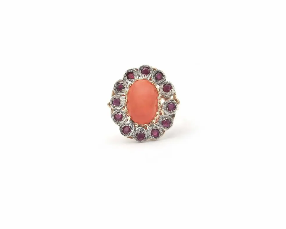 Bague vintage en or et argent avec corail