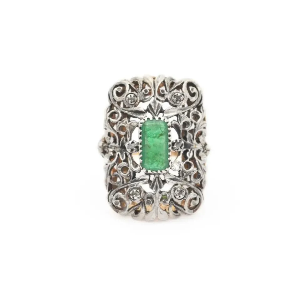 Bague vintage en or et argent avec émeraude