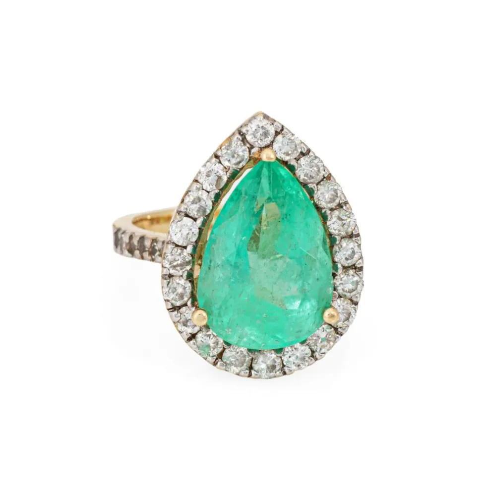 Bague vintage en or jaune 14 carats avec diamants et émeraude de 8,45 ct, taille poire