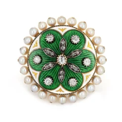 Bague vintage en or jaune avec diamants et perles, émail vert, grande taille, ronde