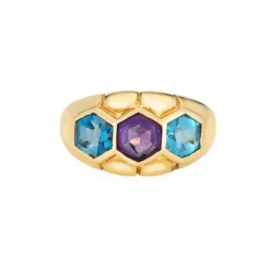 Bague vintage en or jaune avec améthyste et topaze bleue