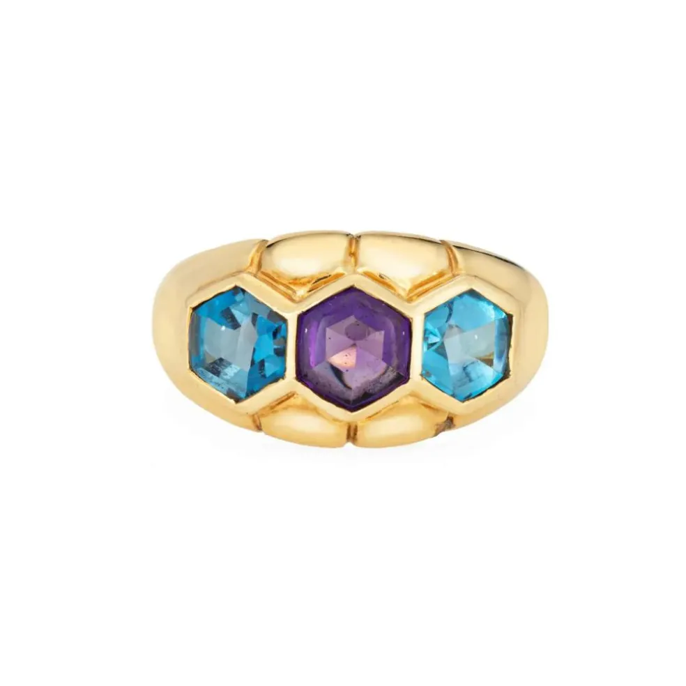 Bague vintage en or jaune avec améthyste et topaze bleue