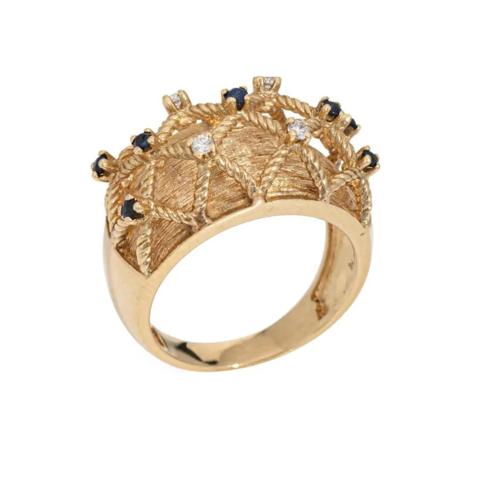 Bague vintage en or jaune, saphir et diamants
