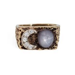Bague vintage en or jaune 14 carats avec diamants, croissant de lune, étoile et saphir