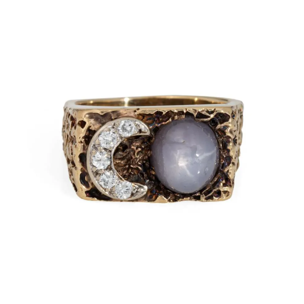 Bague vintage en or jaune 14 carats avec diamants, croissant de lune, étoile et saphir
