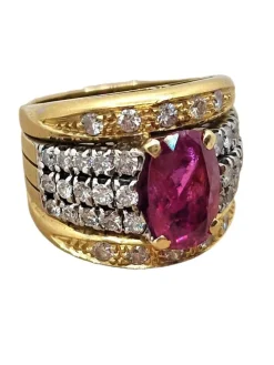Bague vintage en or jaune/blanc 18 carats avec rubis naturel et diamants