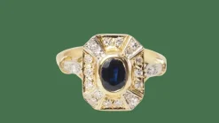 Bague vintage en or jaune, saphir et diamants ovale
