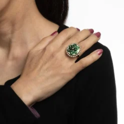 Bague vintage en or jaune avec diamants et perles, émail vert, grande taille, ronde
