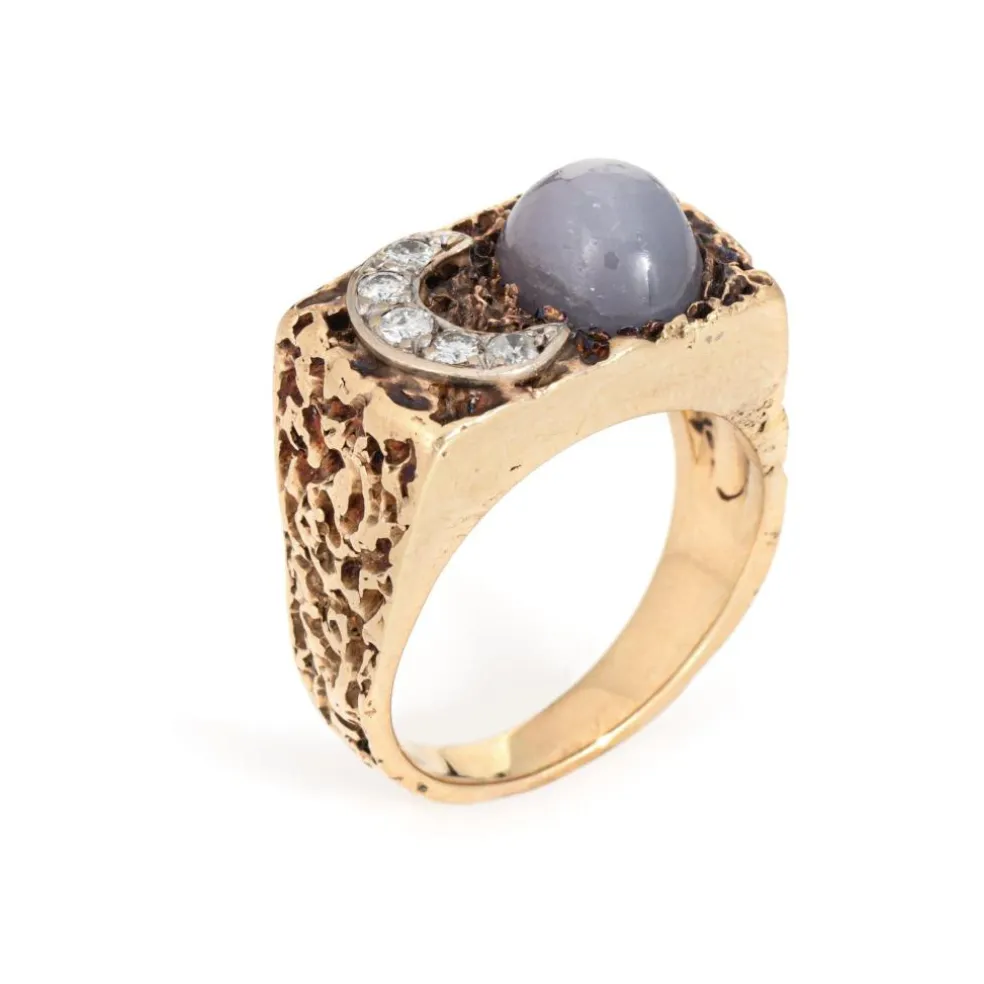 Bague vintage en or jaune 14 carats avec diamants, croissant de lune, étoile et saphir