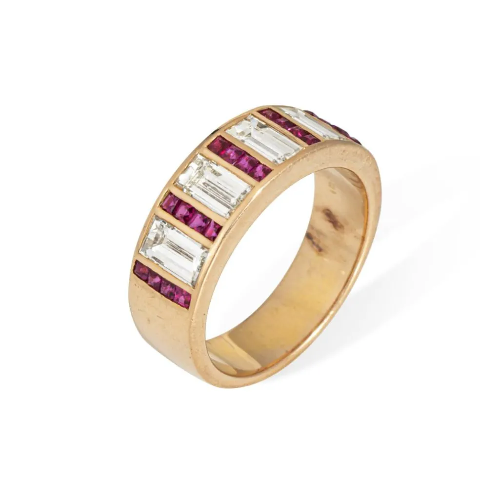 Bague vintage en or jaune avec diamants et rubis 1 carat