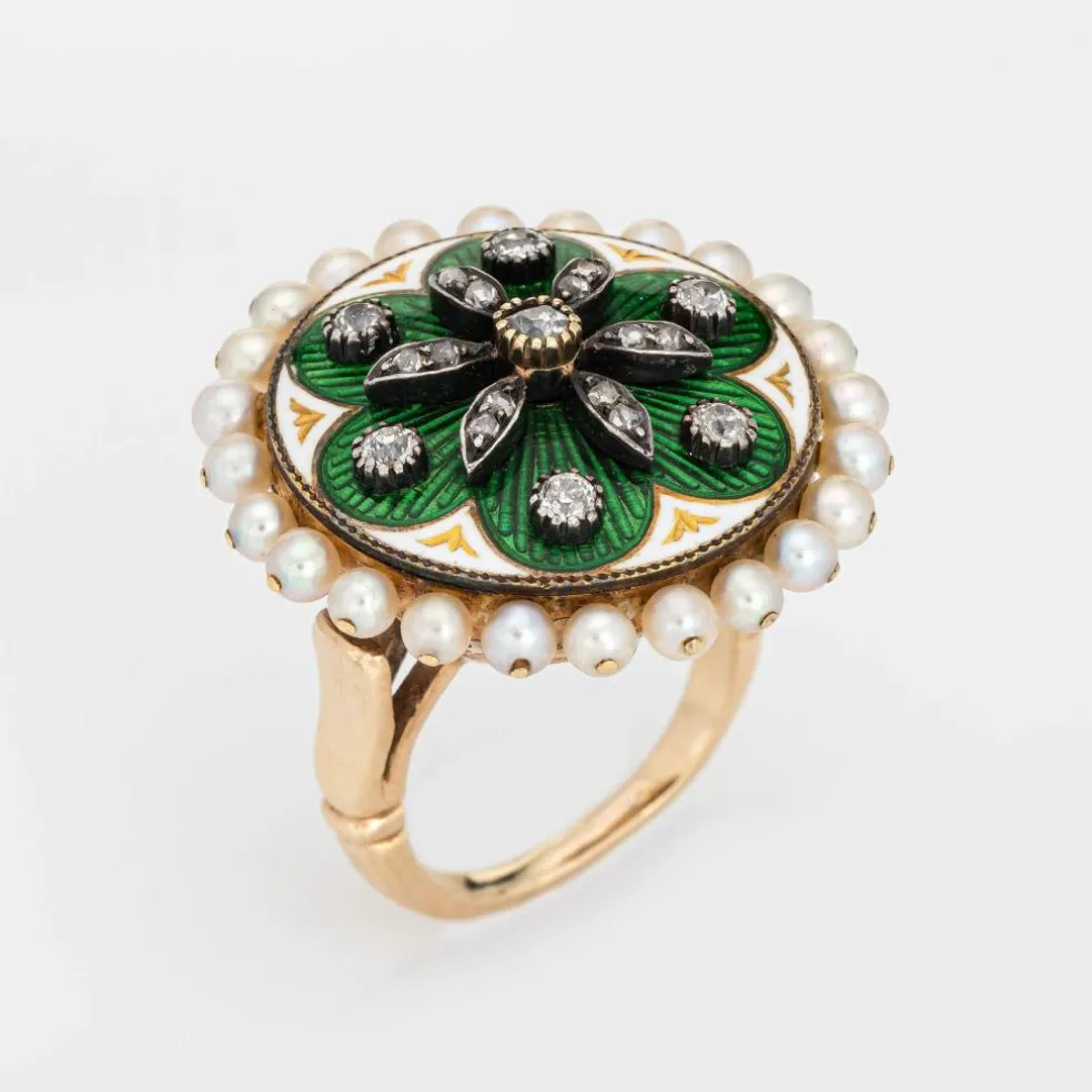 Bague vintage en or jaune avec diamants et perles, émail vert, grande taille, ronde